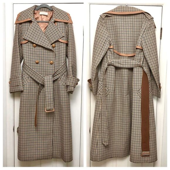 Nina Ricci Trench Coat Heritage Checkered Printed Wool Leather Trim Belted 42 - Picture 5 of 13